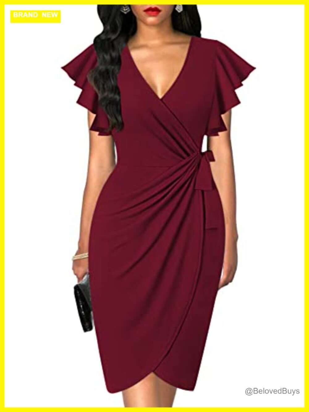 Faux Wrap Dress Deep V Neck Ruffle Sleeve Cocktail Work Business